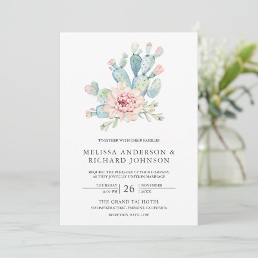 Zachte aardachtige bloemige woestijn cactus bruilo kaart (Staand voorkant)