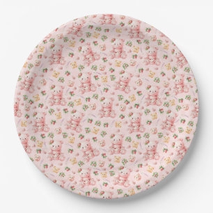 Zachte Aardbei Macaron Teddybeer en Bessen Papieren Bordje