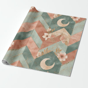 Zachte Aardetonen Bloemige Chevron met Manen Cadeaupapier