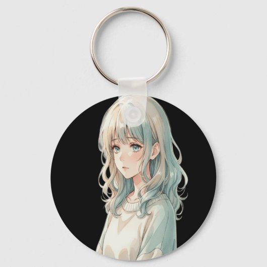 Zachte Anime Meisje – Ronde Sleutelhanger (Voorkant)
