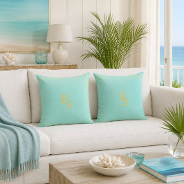 Zachte Aqua Blauwe Gouden Monogram Worp Kussen