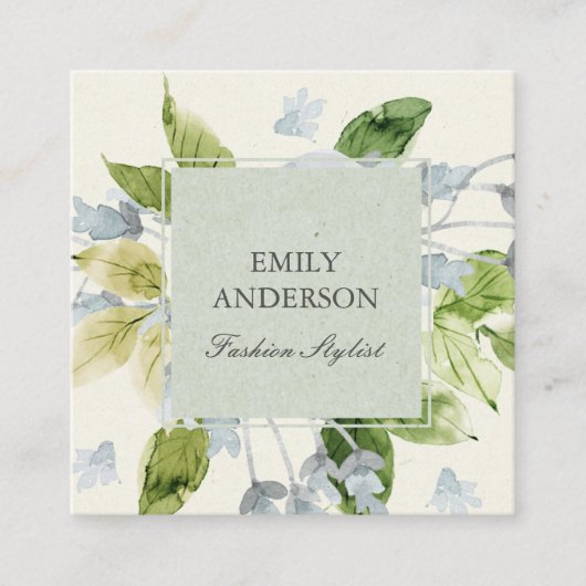 ZACHTE AQUA BLAUWE GROENE WATERVERF BLOEMEN VIERKANTE VISITEKAARTJE (Voorkant)