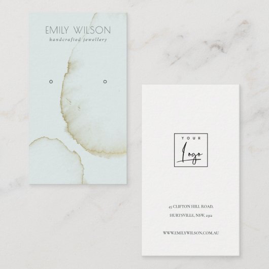 ZACHTE AQUA BLUE GOLD ABSTRACT EARRING DISPLAY LOG VISITEKAARTJE (Voorkant / Achterkant)