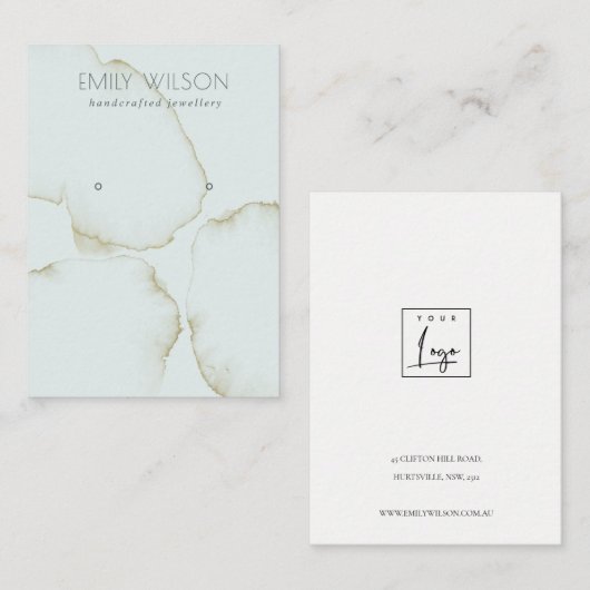 ZACHTE AQUA BLUE GOLD ABSTRACT EARRING DISPLAY LOG VISITEKAARTJE (Voorkant / Achterkant)