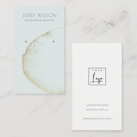 ZACHTE AQUA BLUE GOLD ABSTRACT EARRING DISPLAY LOG VISITEKAARTJE (Voorkant / Achterkant)