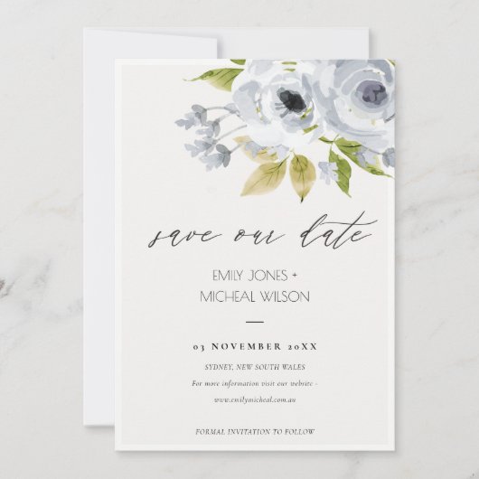 ZACHTE AQUA BLUE WATERVERF FLORAL BEWAREN DE DATUM SAVE THE DATE (Voorkant)