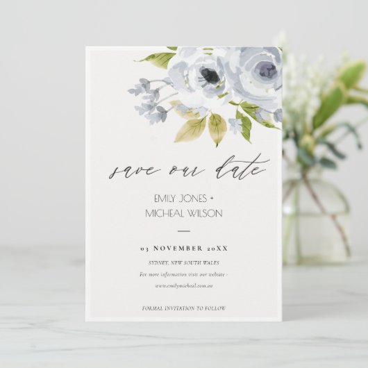 ZACHTE AQUA BLUE WATERVERF FLORAL BEWAREN DE DATUM SAVE THE DATE (Staand voorkant)