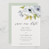 ZACHTE AQUA BLUE WATERVERF FLORAL BEWAREN DE DATUM SAVE THE DATE (Voorkant / Achterkant)