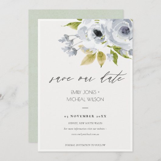 ZACHTE AQUA BLUE WATERVERF FLORAL BEWAREN DE DATUM SAVE THE DATE (Voorkant / Achterkant)