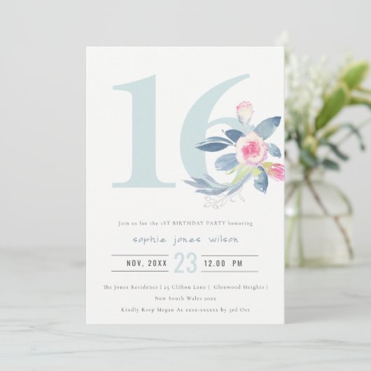 ZACHTE AQUA BLUSH BLUE FLORAL 16TH ELKE LEEFTIJD B KAART (Staand voorkant)