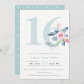 ZACHTE AQUA BLUSH BLUE FLORAL 16TH ELKE LEEFTIJD B KAART (Voorkant / Achterkant)