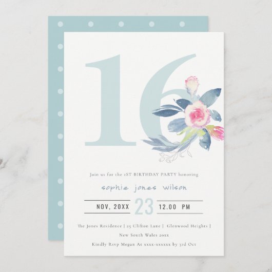 ZACHTE AQUA BLUSH BLUE FLORAL 16TH ELKE LEEFTIJD B KAART (Voorkant / Achterkant)