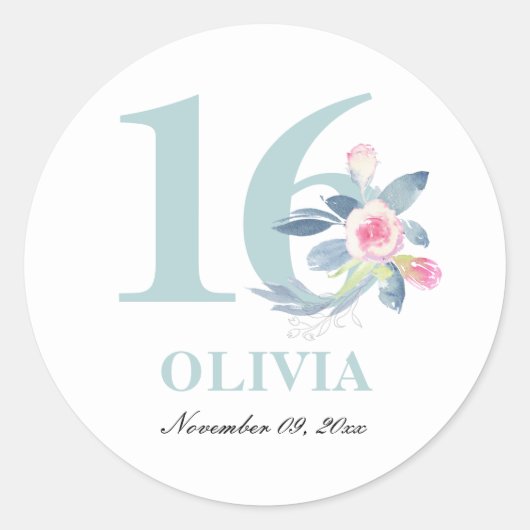 ZACHTE AQUA BLUSH BLUE FLORAL 16TH ELKE LEEFTIJD B RONDE STICKER (Voorkant)