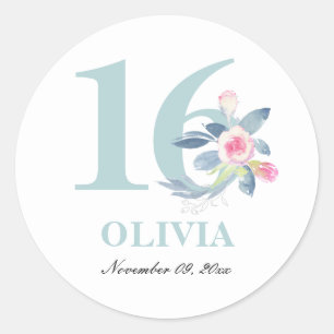 ZACHTE AQUA BLUSH BLUE FLORAL 16TH ELKE LEEFTIJD B RONDE STICKER