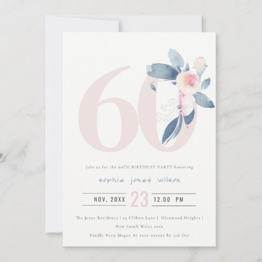 ZACHTE AQUA BLUSH BLUE FLORAL 60 TH ELKE OUDERDAG KAART (Voorkant)