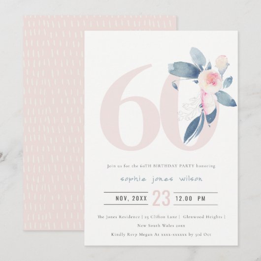 ZACHTE AQUA BLUSH BLUE FLORAL 60 TH ELKE OUDERDAG KAART (Voorkant / Achterkant)