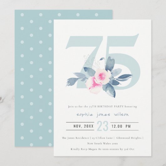 ZACHTE AQUA BLUSH BLUE FLORAL 75TH ELKE LEEFTIJD B KAART (Voorkant / Achterkant)