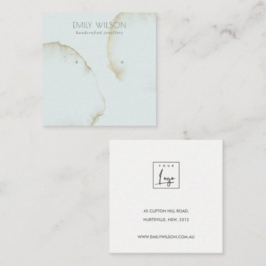 ZACHTE AQUA GOLD ABSTRACT STUD EARRING DISPLAY LOG VIERKANTE VISITEKAARTJE (Voorkant / Achterkant)