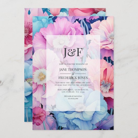 Zachte Aqua & Lichte Roze Bloemen Huwelijk Monogra Kaart (Voorkant / Achterkant)