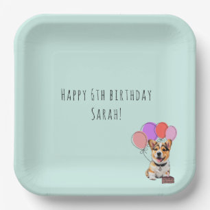 Zachte Aqua-Mint Vrolijke Moderne Corgi Verjaardag Papieren Bordje