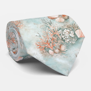 Zachte Aqua Oceaan Schelp Botanisch Patroon Stropdas