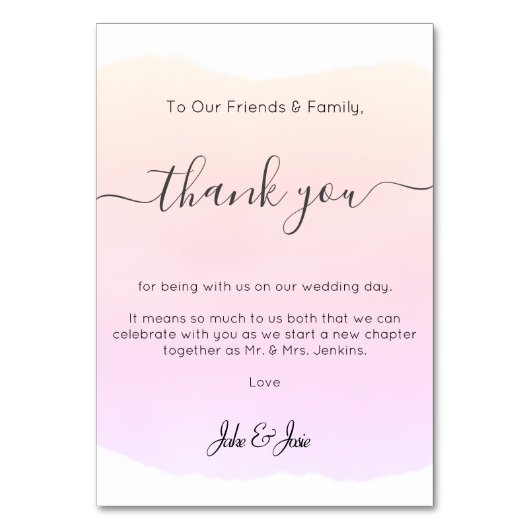 Zachte aquarel Huwelijk dank u Tafel Kaart (Voorkant)