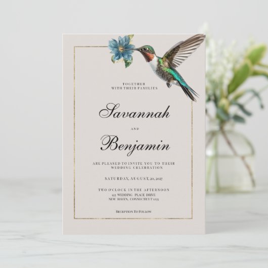 Zachte ashy schaduw goud kleurrijke kolibrie bruil kaart (Staand voorkant)