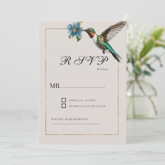 Zachte ashy schaduw goud kleurrijke kolibrie RSVP Kaart (Staand voorkant)