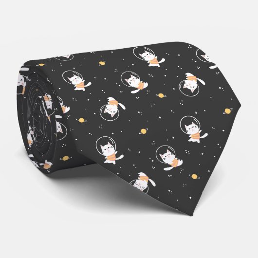 Zachte astronaut kattenprint met zwarte achtergron stropdas (Opgerold)