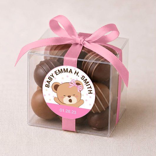 Zachte babybeer babyshower sticker (roze)