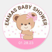 Zachte babybeer babyshower sticker (roze) (Voorkant)