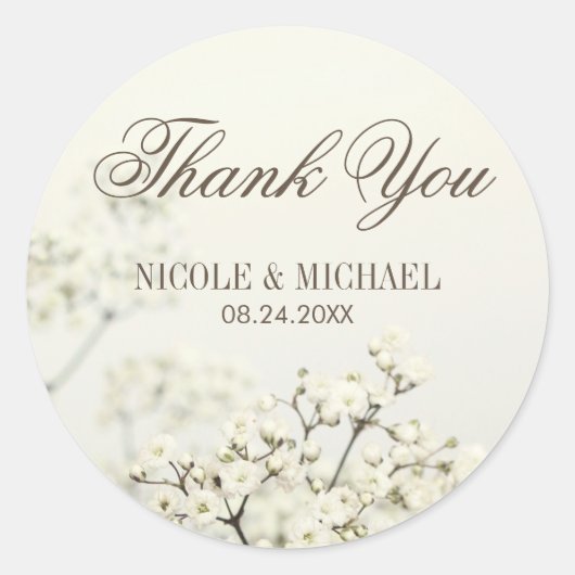 Zachte  Baby's Breath Bruiloft Dank u Ronde Sticker (Voorkant)