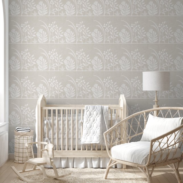 Zachte Beige Bloemrijke Volkstuin Silhouetten Behang (Kinderen)