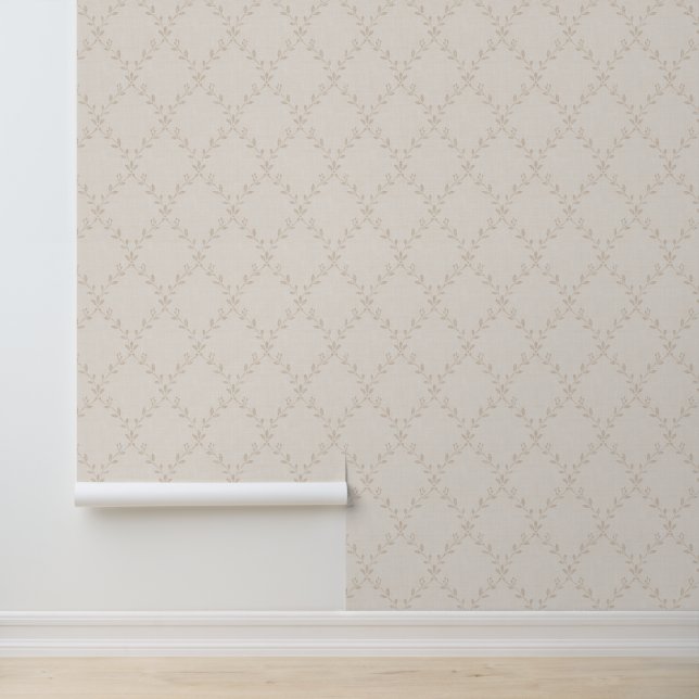 Zachte Beige Boho Bloem Motief met Traliewerk Behang (Applicatie)