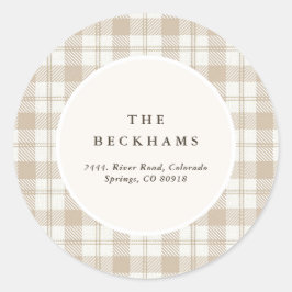 Zachte Beige Gingham Kerst Retouradres Ronde Sticker