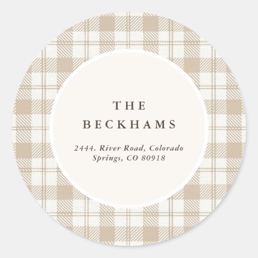 Zachte Beige Gingham Kerst Retouradres Ronde Sticker (Voorkant)
