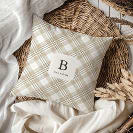 Zachte Beige Gingham Monogram Feestelijk Kussen