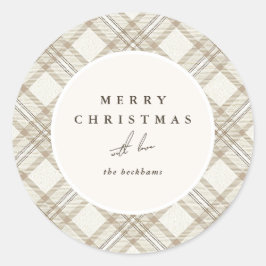 Zachte Beige Gingham Prettig Kerstfeest Ronde Sticker