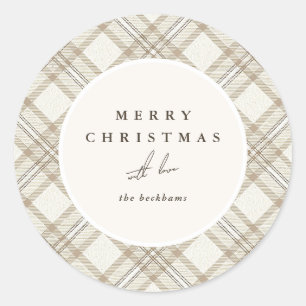 Zachte Beige Gingham Prettig Kerstfeest Ronde Sticker