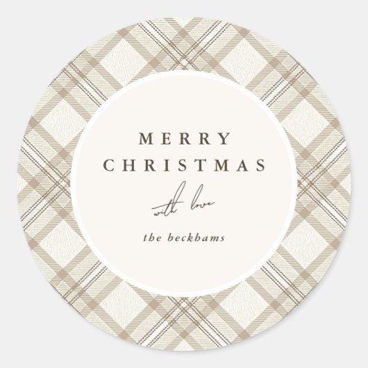 Zachte Beige Gingham Prettig Kerstfeest Ronde Sticker (Voorkant)
