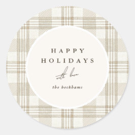 Zachte Beige Gingham Zalig Kerstfeest Ronde Sticker