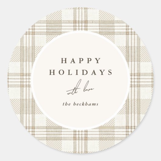 Zachte Beige Gingham Zalig Kerstfeest Ronde Sticker (Voorkant)