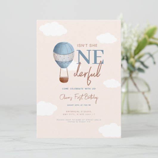 Zachte Beige Hot Air Ballon Onederful 1e Verjaarda Kaart (Staand voorkant)