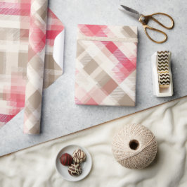 Zachte Beige Roze Romantische Gingham Schotse Ruit Cadeaupapier