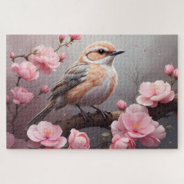 Zachte Beige Vogel met Roze Bloesem Legpuzzel