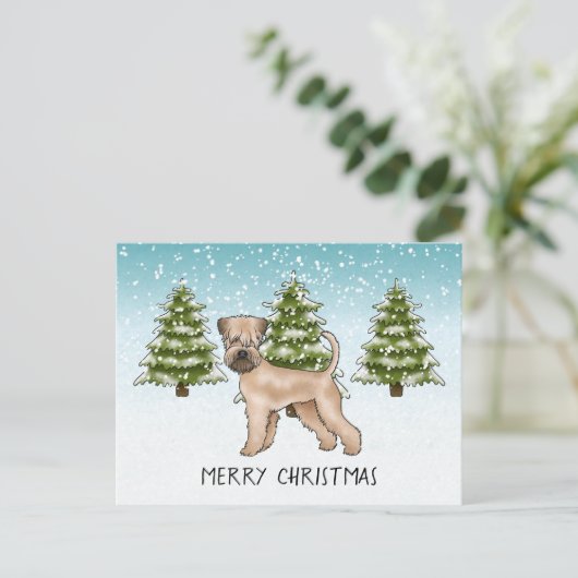 Zachte beklede tarweterriër besneeuwd winterbos briefkaart (Staand voorkant)