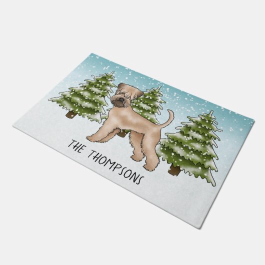 Zachte beklede tarweterriër besneeuwd winterbos deurmat (Schuin)