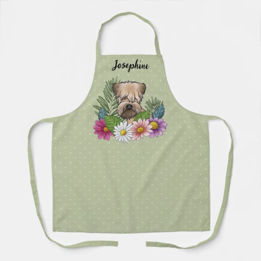 Zachte beklede tarweterriër met bloemen en naam schort (Voorkant)