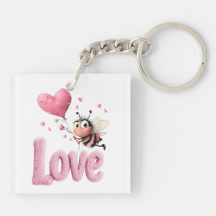 Zachte Bij Roze Liefdeshart Ballon Sleutelhanger