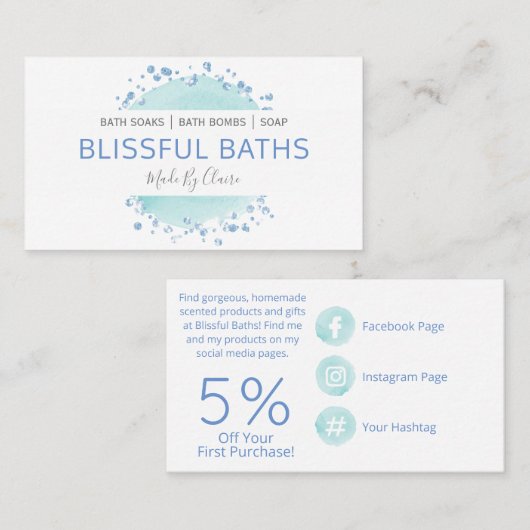 Zachte blauw en witte bath Bomb Soak Soep Visitekaartje (Voorkant / Achterkant)